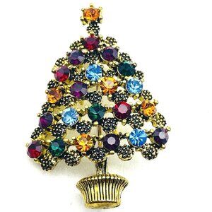 Vintage Multicolor Rhinestone Christmas Tree Pin Gold Tone Winter Holiday READ